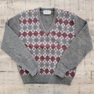 Ferranti Gray and Burgandy Argyle Pullover V-Neck Wool Blend Swe…